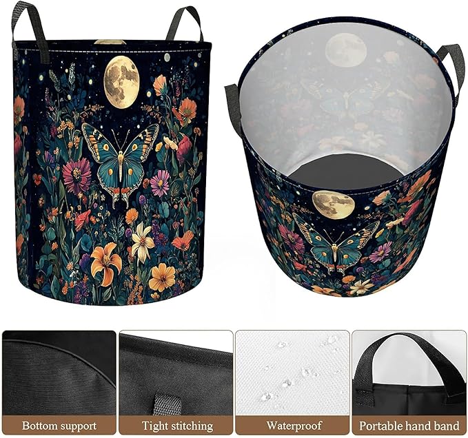 Butterfly Garden Laundry Basket for Women, Large Canvas Collapsible Organizer Storage Basket for Nursery,Office,Toy Organizer,Home,Decor - 19.7" X 15.7 "
