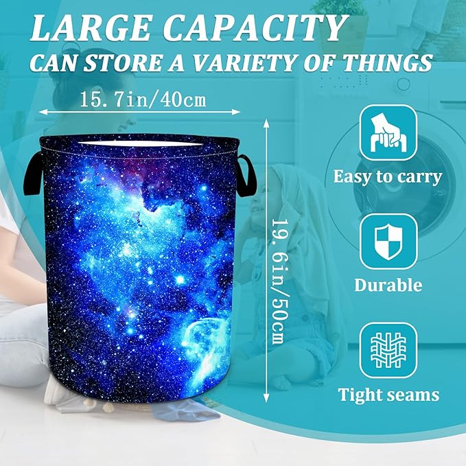 Blue Galaxy Laundry Basket, Universe Starry Sky Laundry Hamper Funny Tote Bag Dirty Clothes Storage Bucket Toy Organizer for Bathroom/Laundry/Bedroom 15.7"x19.6"