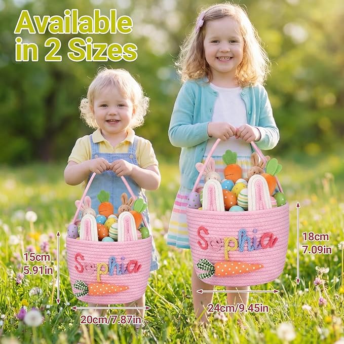 Personalized Easter Baskets for Girls, Boys Cute Bunny Custom Easter Basket with Embroidered Name for Egg Hunts Woven Cotton Rope Tote in 2 Sizes Easter Gifts for Kids