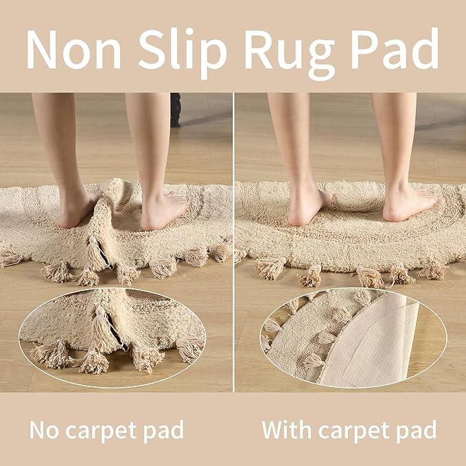 Half Circle Boho Bathroom Rug with Tassels 100% Cotton Hand-Woven Bath Mat Non Slip Absorbent Crochet Rug Washable Boho Bath Mat Carpet for Tub, Shower 27.5 Inch