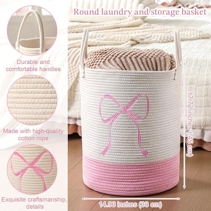 Honeydak Pink Laundry Basket Bow Hamper Coquette Laundry Basket Cotton Rope Pink Hamper 15 x 17.7 Inches Toy Box Large Coquette Bow Teens Girls Room Storage for Blanket Toys Clothes Organization
