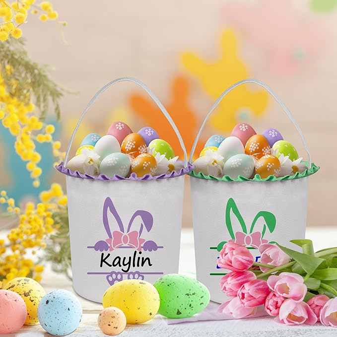 Easter Baskets for Girls Boys, Personalized Easter Basket with Name - Green Bow Bunny
