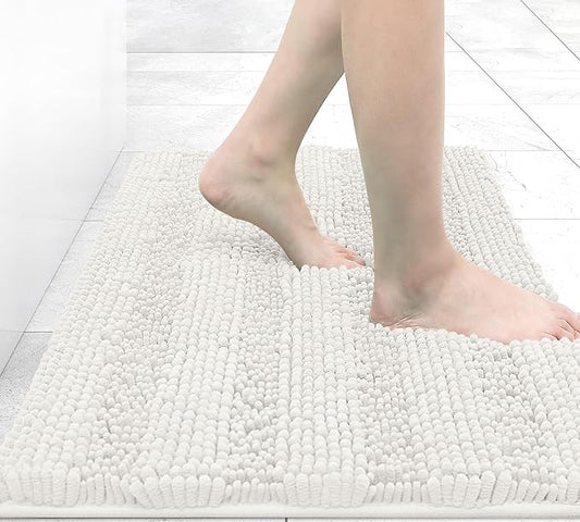 Grandaily Chenille Striped Bathroom Rugs 24x16, Extra Thick and Absorbent Bath Mats, Non-Slip Soft Plush Shaggy Shower Carpet, Machine Wash Dry, Bath Rug for Bathroom, (Small, Cream)