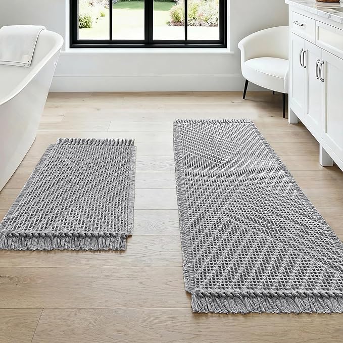 H.VERSAILTEX Waffle Bath Mat Super Absorbent Boho Bath Mat Non Slip Bath Rugs for Bathroom Floor Machine Washable Dry Fast Bathroom Rugs with Tassels (47 x 17 Plus 17 x 24 Inches, Dove)