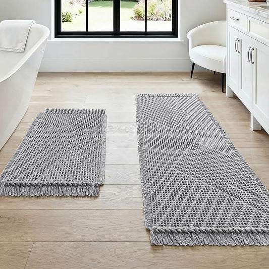 H.VERSAILTEX Waffle Bath Mat Super Absorbent Boho Bath Mat Non Slip Bath Rugs for Bathroom Floor Machine Washable Dry Fast Bathroom Rugs with Tassels (47 x 17 Plus 17 x 24 Inches, Dove)