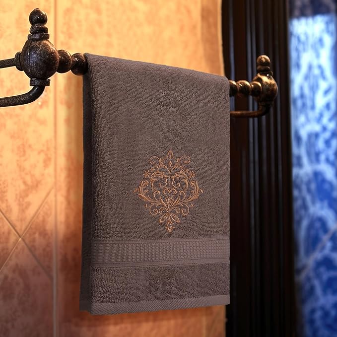3 Pcs Vintage Brown Hand Towels Fancy Decorative Bathroom Towels 13.3 x 29.5'' Luxury Damascus Embroidered 100% Cotton Soft Absorbent for Bathroom Kitchen Boho Decor