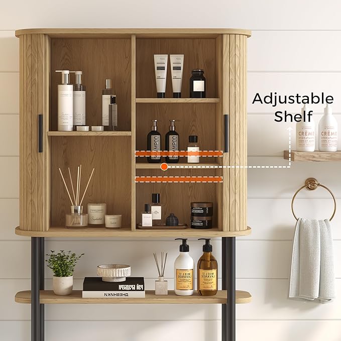 Over The Toilet Storage Cabinet with 2 Sliding Doors, Adjustable Shelf Bathroom Organizers and Storage with Anti-Tip Device, Waterproof, Space Saver for Bathroom, Restroom, Laundry, Natural