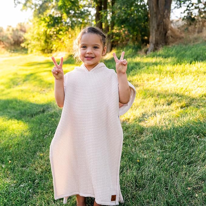 Jade&Kai Hooded Towel for Kids | Snaps into a Poncho | Organic Cotton Waffle | Lightweight and Absorbent | Bath, Beach, and Pool | Multiple Colors | (Medium (3-6 Yrs), Cloud)