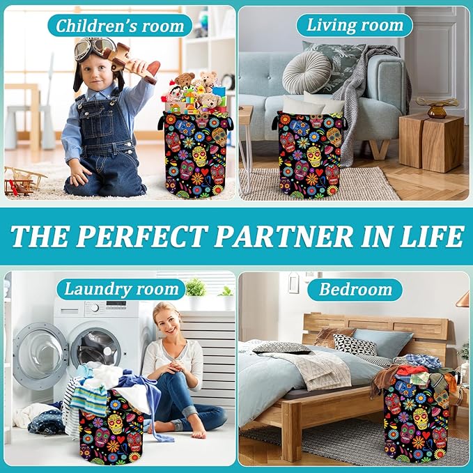 Sugar Skull Flower Laundry Basket, Foldable Waterproof Halloween Laundry Hamper Funny Tote Bag Dirty Clothes Storage Bucket Toy Organizer for Bathroom/Laundry/Bedroom 15.7"x19.6"