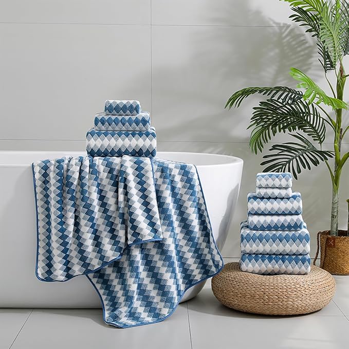 12 Pcs Navy White Diamond Towel Set-4 Bath Towels,4 Hand Towels,4 Washcloths Soft Polyester Towels with Loop Absorbent Shower Towel Quick Dry Beach Chair Towel Family Towels for Bathroom Spa Gym Pool