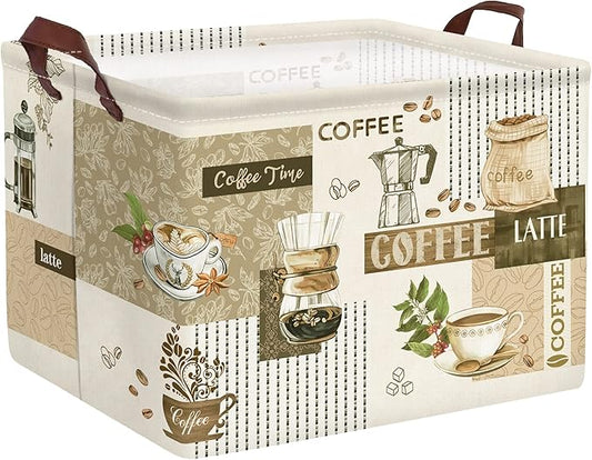 Clastyle Large Breaktime Coffee Theme Storage Basket Coffee Bean Cup Snack Kitchen Storage Bin Rectangle Brown Basket for Clothes Toy Book