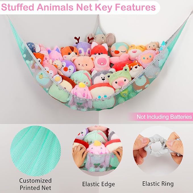 Basumee Stuffed Animals Net or Hammock with LED Light Hanging Toy Net Hammock for Stuffed Animals Storage Stuff Animals Hammocks for Nursery Room with Remote Control, 8 Kinds of Lights(Pack of 1)