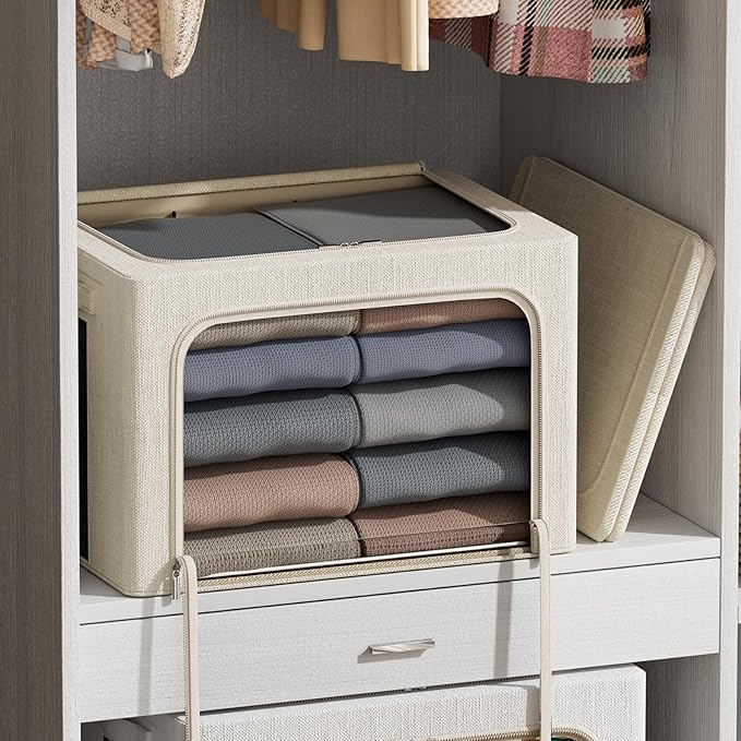 FHSQX 2 Pack Clear Window Storage Bins - Large Stackable Linen Fabric Storage for Clothes Foldable Container Organizer Set with Carrying Handles (Beige, 16.5x 12.2x 12.2Inch)