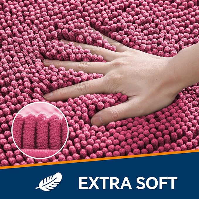 Hot Pink Bathroom Rugs 24"x72" - Long Plush Chenille Non-Slip Runner Bath Mat - Absorbent, Washable, Soft Decor for Shower, Sink, Tub, Kitchen, Floor, Home Accessories