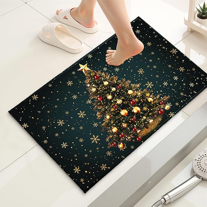 Green Christmas Bath Rug Xmas Tree Gold Snowflakes Bathroom Mat Winter Holiday Rug Extra Soft Plush Rug 20X32 Inch Non Slip Absorbent Doormat for Bathroom Entryway