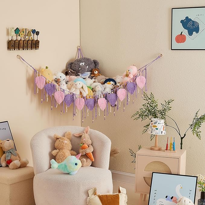 Pretty Jolly Macrame Stuffed Animal Hammock with Beads Hand Woven Leaf Tassels Corner Hanging Net Boho Plush Holder for Toys Kid Room Nursery Decor Easy Install Organizer for Girls Gift(Purple)