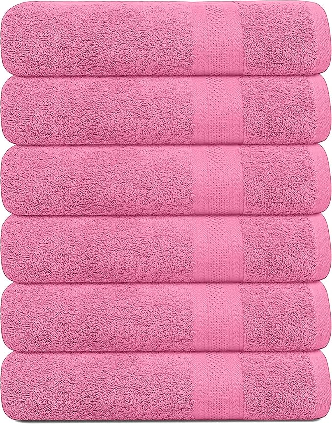 100% Cotton Bath Towels, 24x48 Pack of 6 Towels, Quick Dry, Highly Absorbent, Soft Feel Towel, Gym, Spa, Bathroom, Shower, Pool, Luxury Soft Towels (Pink, 24x48-6 Pack)