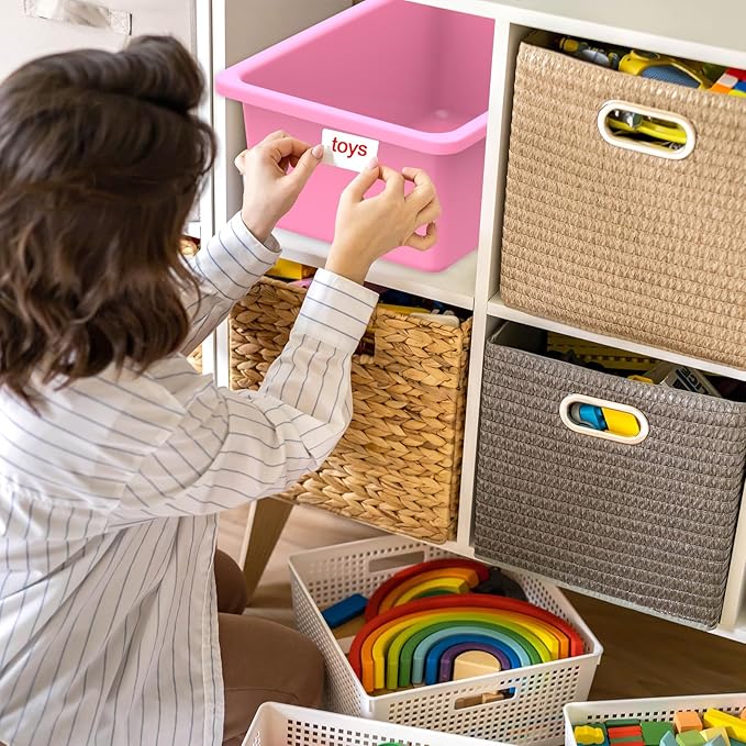 Zonon 12 Pcs Plastic Cubby Bins Office Storage Container Storage Bins Plastic Organization with 1 Pack Self Adhesive Label for Library Office Home Nursery(Pink/magenta)