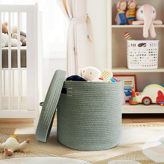Storage Basket with Lid, Woven Blanket Storage for Living Room, Cotton Rope Bin with Lid, Round Wicker Laundry Basket with Cover, Lidded Kid Dog Toy Box, Nursery Organizer, 15"x13", Green