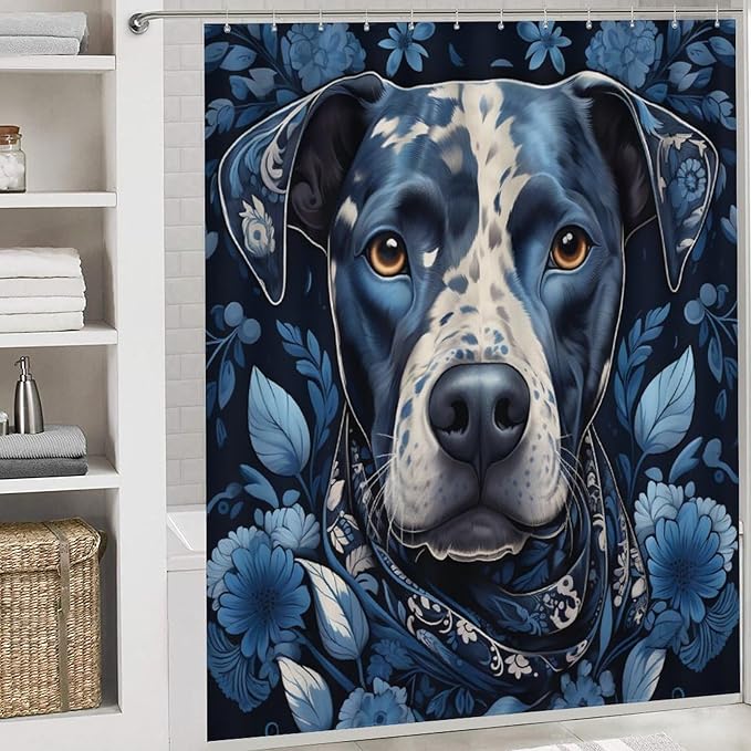 4Pcs Shower Curtain Set with Rugs Dog Wearing Scarf Bathroom Decor Set with Non-Slip Rugs Toilet Lid Cover and Bath Mat Pet Dog Lover Gift Funny Sayings Words Bathroom Shower Curtains Sets