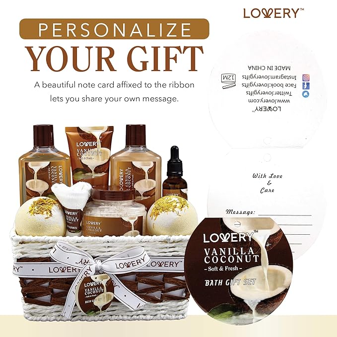 Gifts For Women Gift Basket for Women– 9 Piece Set of Vanilla Coconut Home Spa Set, Luxurious Valentines Day Gifts for Her, Bath and Body Sets Includes Fragrant Lotions, Large Bath Bombs, Coconut Oil
