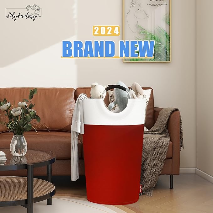 100L Laundry Basket, Collapsible Laundry Hamper with Padded Handles, Waterproof Laundry Bag, Tall Clothes Hamper Stand Up Well, Foldable Laundry Baskets for Easy Storage(Red)