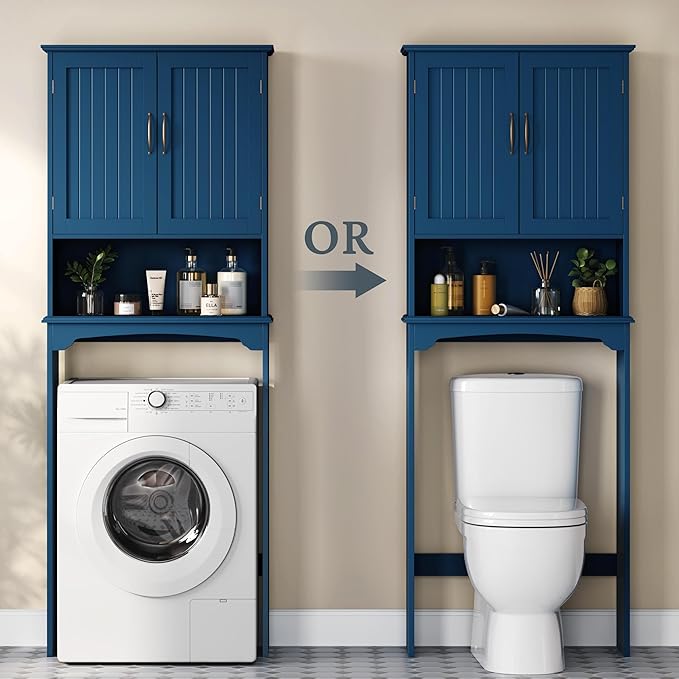 Topeakmart Over The Toilet Storage Cabinet, Organizer with Double Doors and Inner Adjustable Shelf and Lower Open Shelf for Bathroom Laundry, 66 in H, Navy Blue