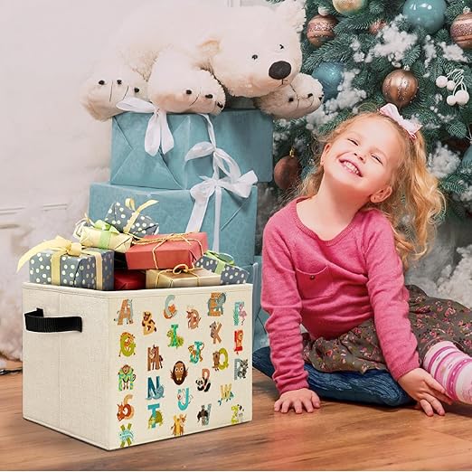 Boho Animal Alphabet Kids Storage Bins Box with Handles, Cute Animal Educational Laundry Basket Hamper Collapsible Clothes Toys Organizer for Toddler Room Nursery Playroom Bathroom