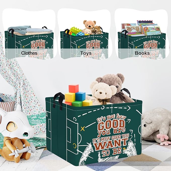 Clastyle Vintage Sport Ball Kid Storage Basket Baby Laundry Hamper Boy Gift Toy Box Collapsible Clothes Organizer Nursery Bin for Bedroom, Green Football, 40*30*30 cm