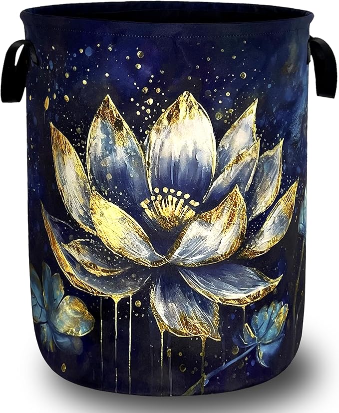 Lotus Flower Laundry Basket Foldable Watercolor Lotus Leaf Laundry Hamper With Handle Oxford Cloth Portable Clothes Storage Basket Laundry Bag 18.9"x16.5" For Laundry Room/Bedroom/Bathrooms