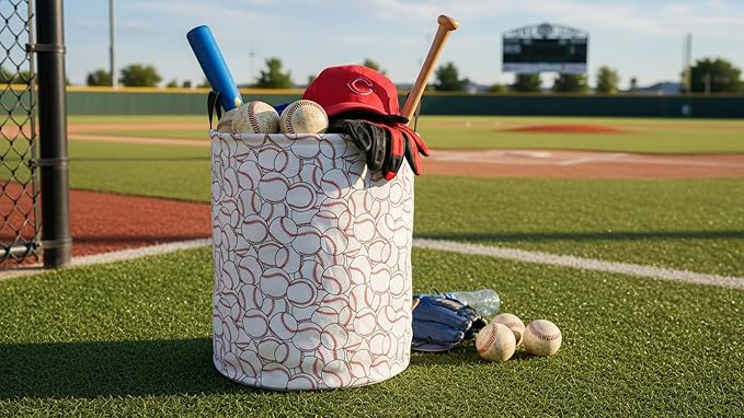 CLOCOR Round Collapsible Flat Storage Basket,Space-Saving Fabric Laundry Hamper for Clothes,Nursery Hamper,Gift Basket(Pile up Baseball)