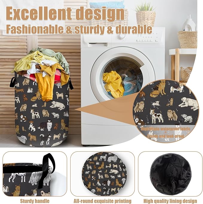 Cute Dogs Laundry Basket, Foldable Dog Lover Laundry Hamper Tote Bag Dirty Clothes Storage Bucket Toy Organizer for Bathroom/Laundry/Bedroom 15.7"x19.6"