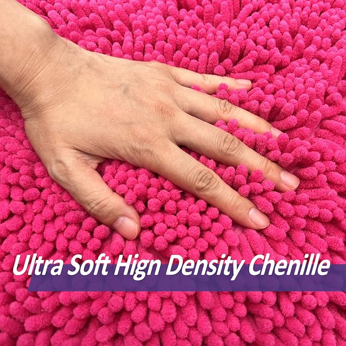 Hot Pink Chenille Striped Bath Rug Set - 20" x 32"/16" x 24" Non Slip Thick Soft Bath Mats for Bathroom, Kitchen/Living Room