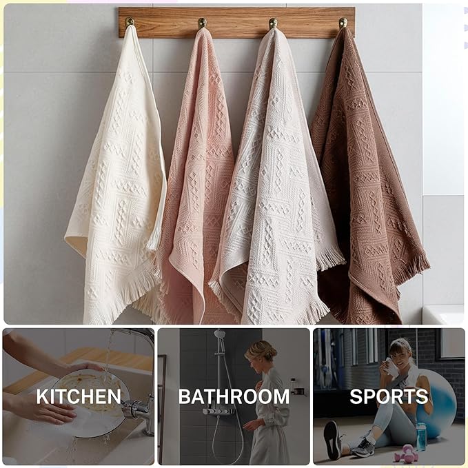 4-Pack Luxury Decorative Cotton Hand Towels for Bathroom Super Absorbent with Jacquard Weave&Fringe – 13x29.1" Boho Hand Towel Set,Soft Face Towel for Boho Bathroom Decor Kitchen Hotel Spa Guest
