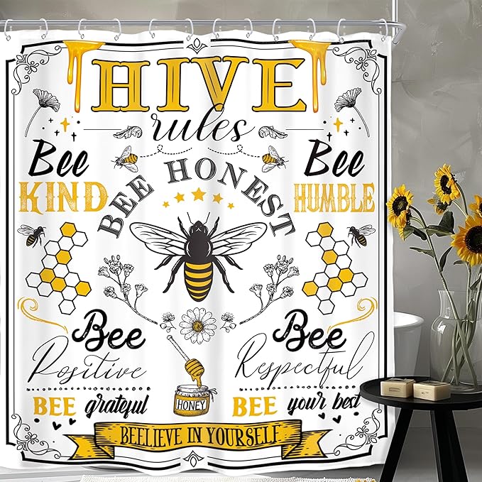Homewelle Black Yellow Bee Quotes Shower Curtain Long Rustic Inspirational Motivational Words Retro Floral Daisy Honeycomb 72Wx78H Inch Farmhouse Vintage Waterproof Polyester Fabric Bathroom Bathtub