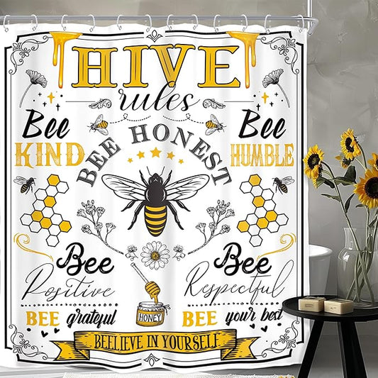 Homewelle Black Yellow Bee Quotes Shower Curtain Long Rustic Inspirational Motivational Words Retro Floral Daisy Honeycomb 72Wx78H Inch Farmhouse Vintage Waterproof Polyester Fabric Bathroom Bathtub