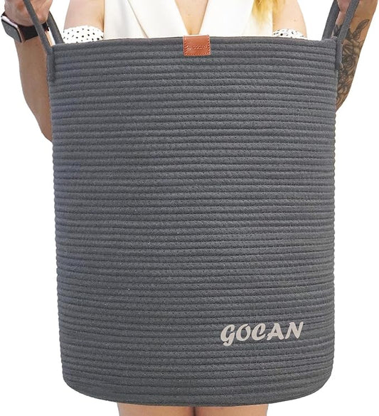 large tall sturdier Laundry Hamper Basket Woven Storage Baskets for clothes Pillows Blanket Toy in living or bed room decoration H50XD38cm darkgrey