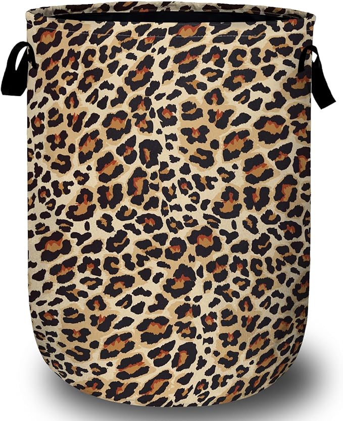 Brown Leopard Laundry Basket with Sturdy Handles, Natural Animal Skin Print Collapsible Oxford Cloth Laundry Hamper Organizer Basket for Bathroom Bedroom 15.7x20 Inch