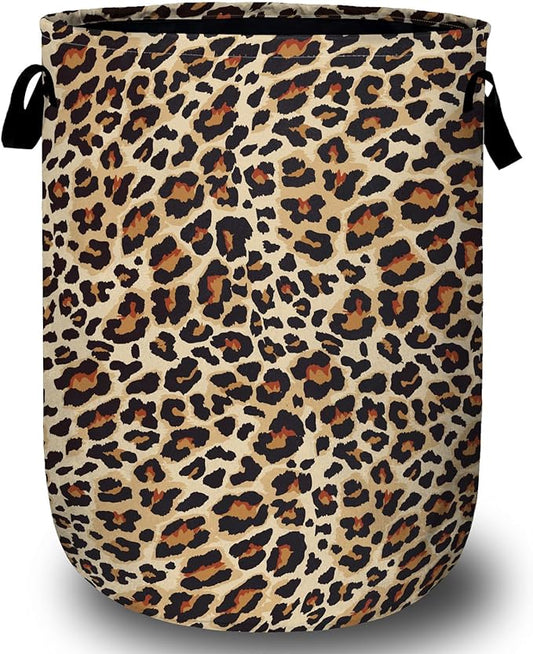 Brown Leopard Laundry Basket with Sturdy Handles, Natural Animal Skin Print Collapsible Oxford Cloth Laundry Hamper Organizer Basket for Bathroom Bedroom 15.7x20 Inch