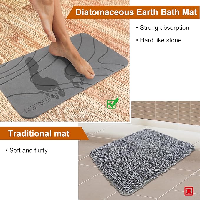 2 Pack Diatomaceous Earth Shower Mat, Stone Bath Mat, Nonslip Super Absorbent Fast-Drying Hard Bath Mat for Bathroom Shower Floor, 24 x 16 inch, Grey Wave Design