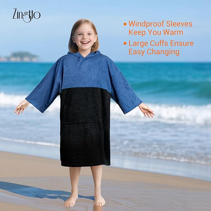Hooded Beach Towels for Kids Surf Poncho Swim Robe for 6-13 Years, 3/4 Sleeve Big Kids Hooded Bath Towels Thick Changing Robe Girls Boys, Black Blue