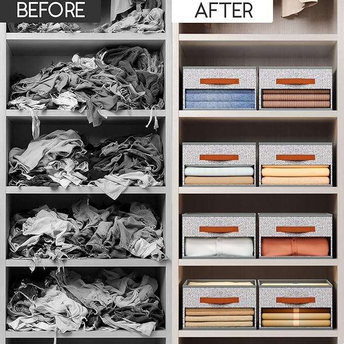 Closet Organizers and Storage - 8 Pack Storage Bins Baskets for Organization Foldable Closet Organizer with Clear Window & Handles for Clothes, Toys, Towels, Small Essential (Ant Light Gray)