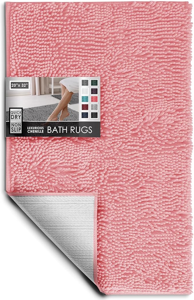 Hearth & Harbor Bathroom Rugs, Chenille Bath Mat - Machine Washable Bath Mats for Bathroom Non-Slip Backing Rubber, Quick Dry Bathroom Mat, 20 x 32 - Pink
