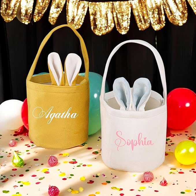 Custom Name Easter Tote Basket Cute Solid Colour Bunny Ears Basket Personalised Easter Bunny Bucket