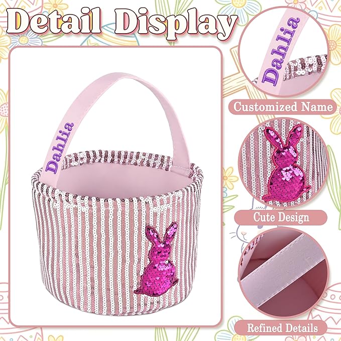 Personalized Easter Basket for Kids, Boys & Girls – Ideal for Egg Hunting & Easter Gift Storage (Pink Sequin Bunny Basket)