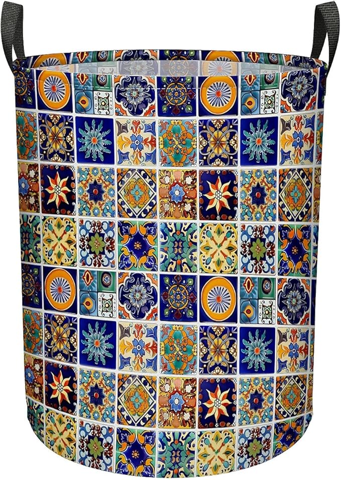 Talavera Mexican Tile Print Laundry Basket, Large Canvas Collapsible Organizer Storage Basket for Nursery,Office,Toy Organizer,Home,Decor - 19.7" X 15.7 "
