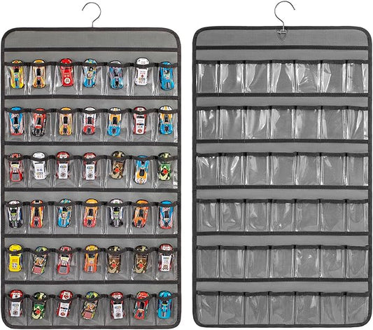 Toy Cars Wheels Storage Holder Matchbox Cars Organizer Dual Sided Hanging Toy Cars Display Case with 84 Clear Pockets (Dual Sides-Grey)