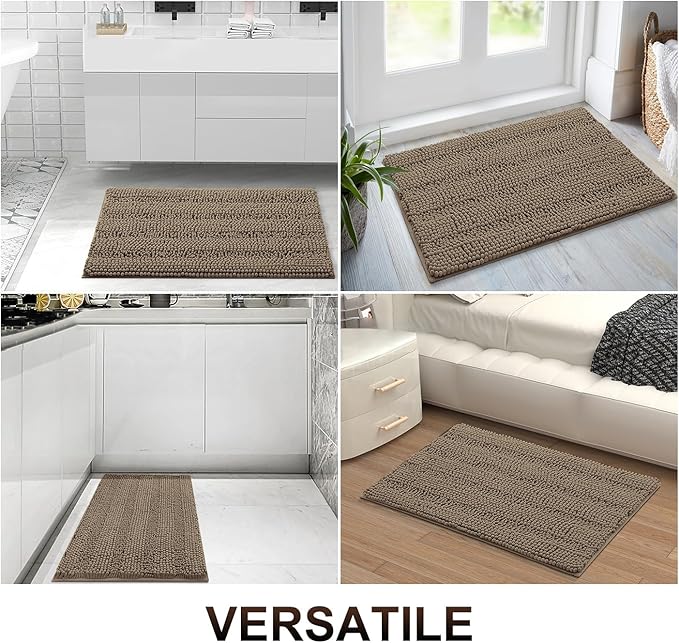 Grandaily Chenille Striped Bathroom Rugs 30x20, Extra Thick and Absorbent Bath Mats, Non-Slip Soft Plush Shaggy Shower Carpet, Machine Wash Dry, Bath Rug for Bathroom, (Medium, Camel)