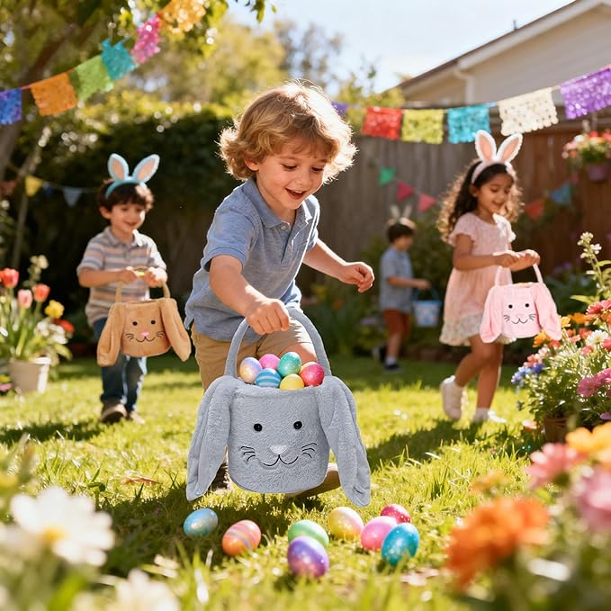 Easter Bunny Basket for Kids, Fluffy Easter Egg Hunt Bag Soft Fabric, Cute Rabbit Tote Bags with Long Plush Ear Easter Tote Bags for Candy Gifts Storage (Gray)