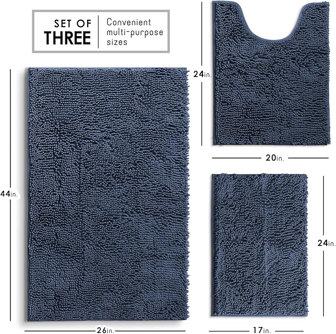 Hearth & Harbor Bathroom Rugs, Chenille Bath Mat - Machine Washable Bath Mats for Bathroom Non-Slip Backing Rubber, Quick Dry Mat - Navy Blue Bath Rug, 17x24-26x44-20x24